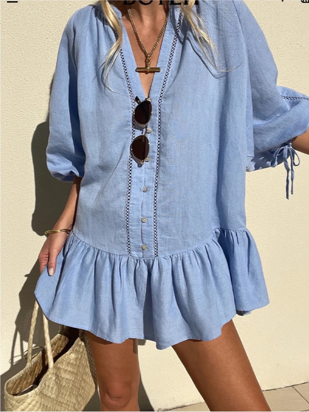 BOTEH Blue La Ponche Frill Cover Up Mini Dress, Size L, NWT